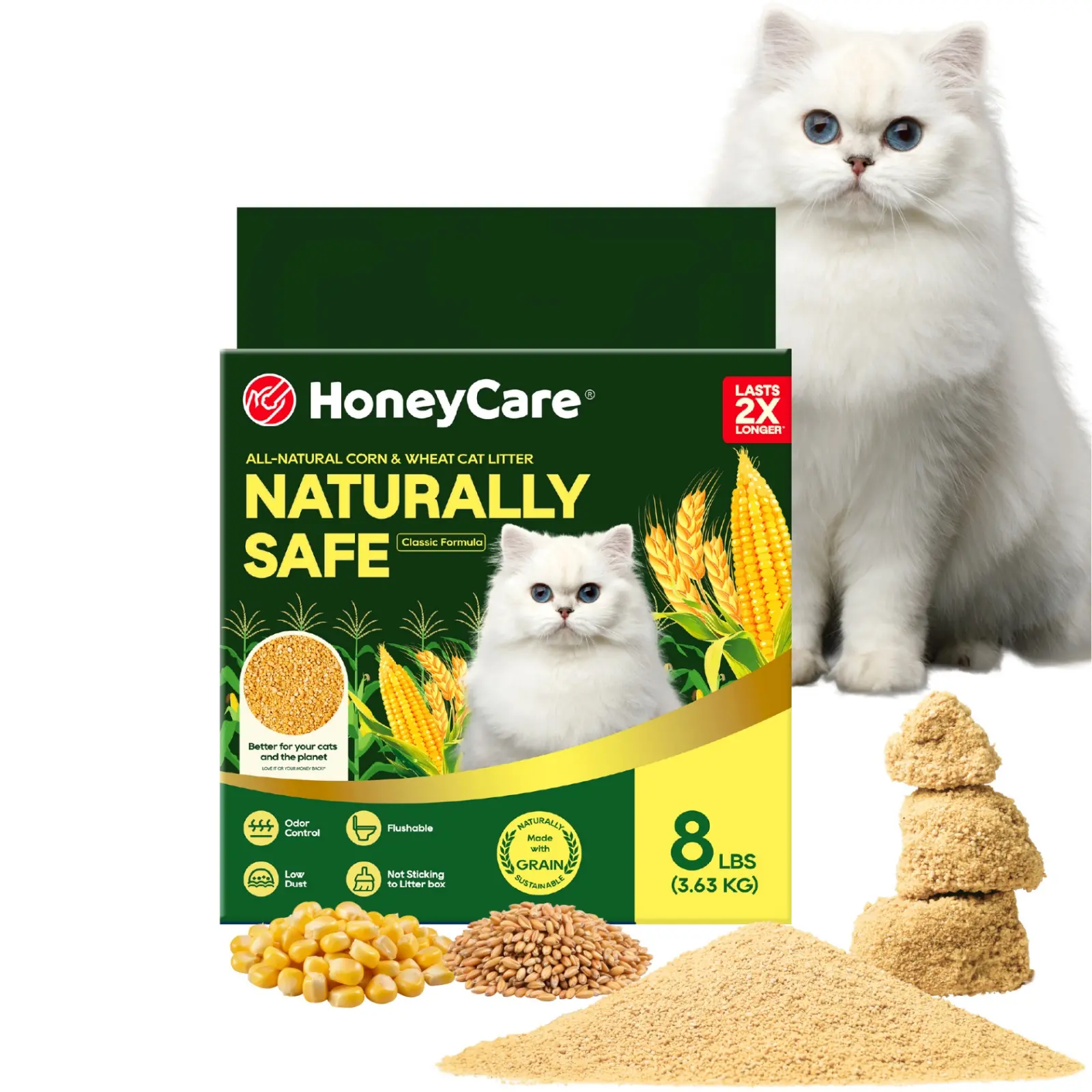 HONEY CARE All-Natural Corn & Wheat Clumping Cat Litter, Flushable, Low Dust, Odor Control, 8 lbs, Single Bag #backtoschool