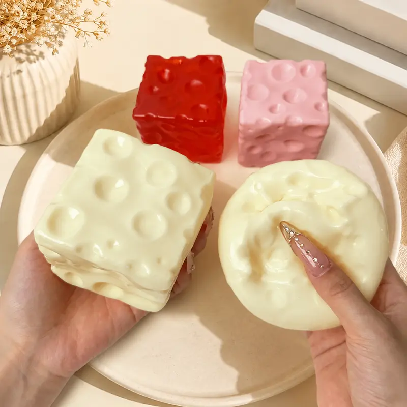Cheese Cube Squishy Toy - Yellow, Pink, Red & Green, Soft Moldable Petroleum Jelly-Filled Squeeze Ball, 6cm/7cm Squishy Fidgets ASMR Stress Relief Toy for Ages 12+, Unisex Anxiety Relief Sensory Toy