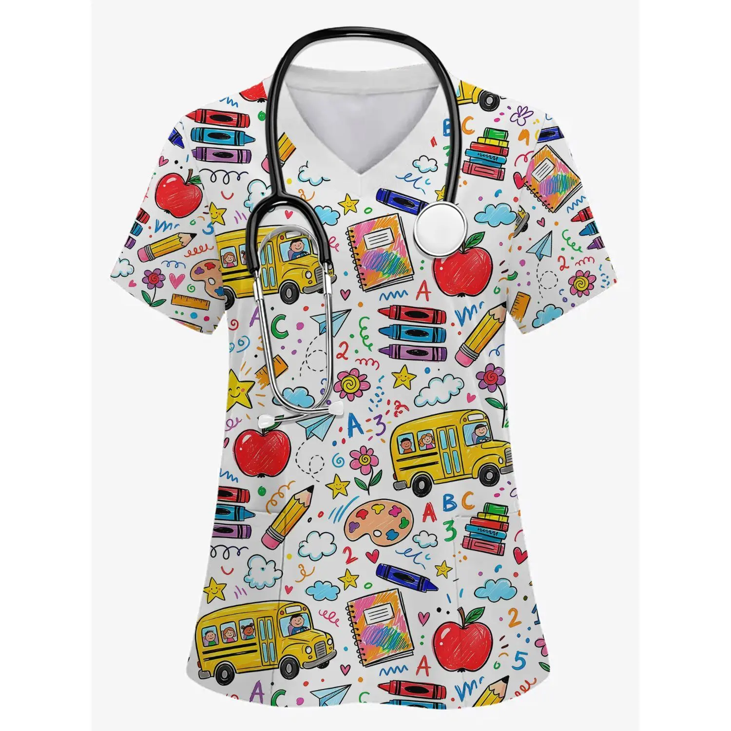Women's Teacher-Themed Print Scrub Top, Short-Sleeve Nursing Uniform Shirt with Two Pockets, Professional Doctor and Nurse Workwear