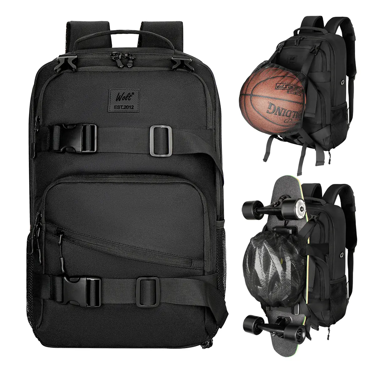Wolt Men's Multifunction Skateboard Backpack for Adults - 17.7x11x4.7 inches, Board Straps, Longboard Compatible, 15.6" Laptop Slot, Helmet Holder, Anti-Theft Pocket, Carry Handle, Padded Comfortable Back, Foldaway Mesh, Sporty Durable Gym Bag