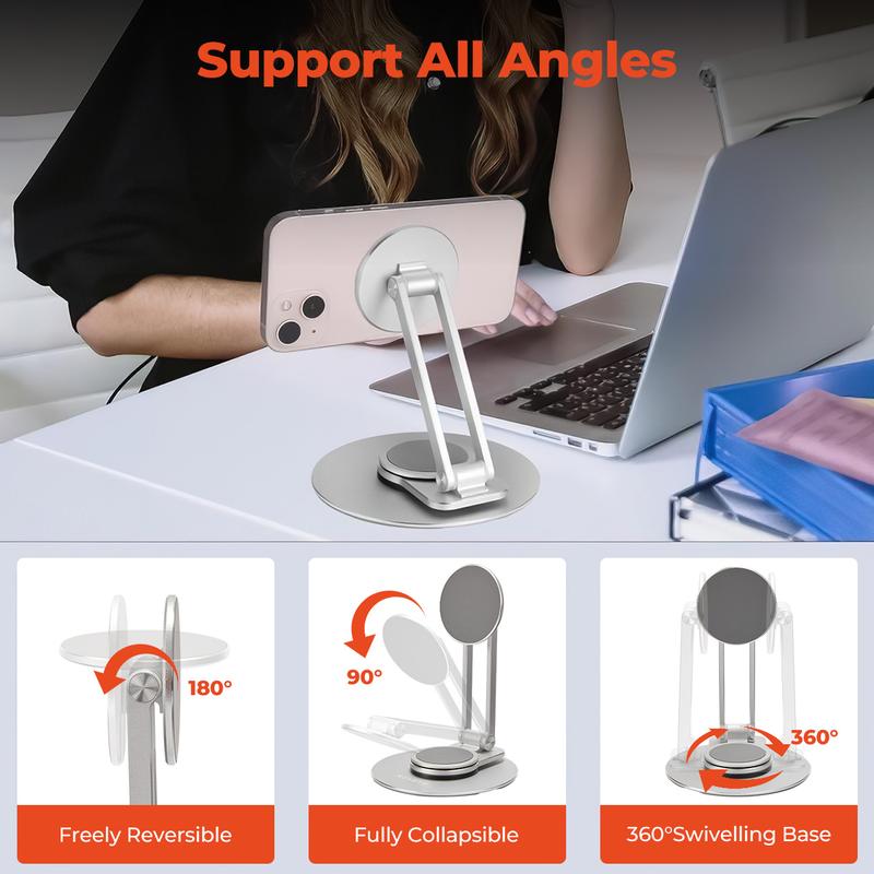 MUNBYN 360-Degree Rotating Magnetic Phone Stand ,Adjustable Foldable Aluminum Phone Holder,Universal Phone Accessory for Home Office, Silver Edition