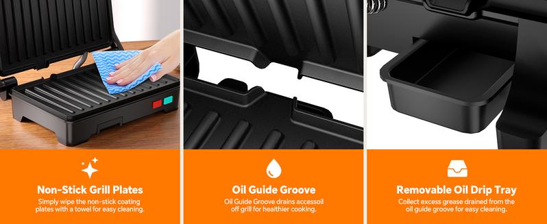 Panini Press Grill, 3-in-1 Electric Grill, 180° Openable, Non-Stick Plates, Floating Hinge, With Grease Tray, Gourmet Sandwich Maker for Indoor, Outdoor, Camping Cooking, BBQ, Pizza Oven, Fast Preheat & Dual Heating Plates, Easy Cleanup