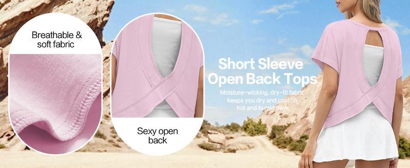 Tanming Open Back Tops for Women Oversized Short Sleeve Workout T Shirts Backless Y2k Athletic Crop Running Tees Springfresh Summer  for Hyrox Outfit