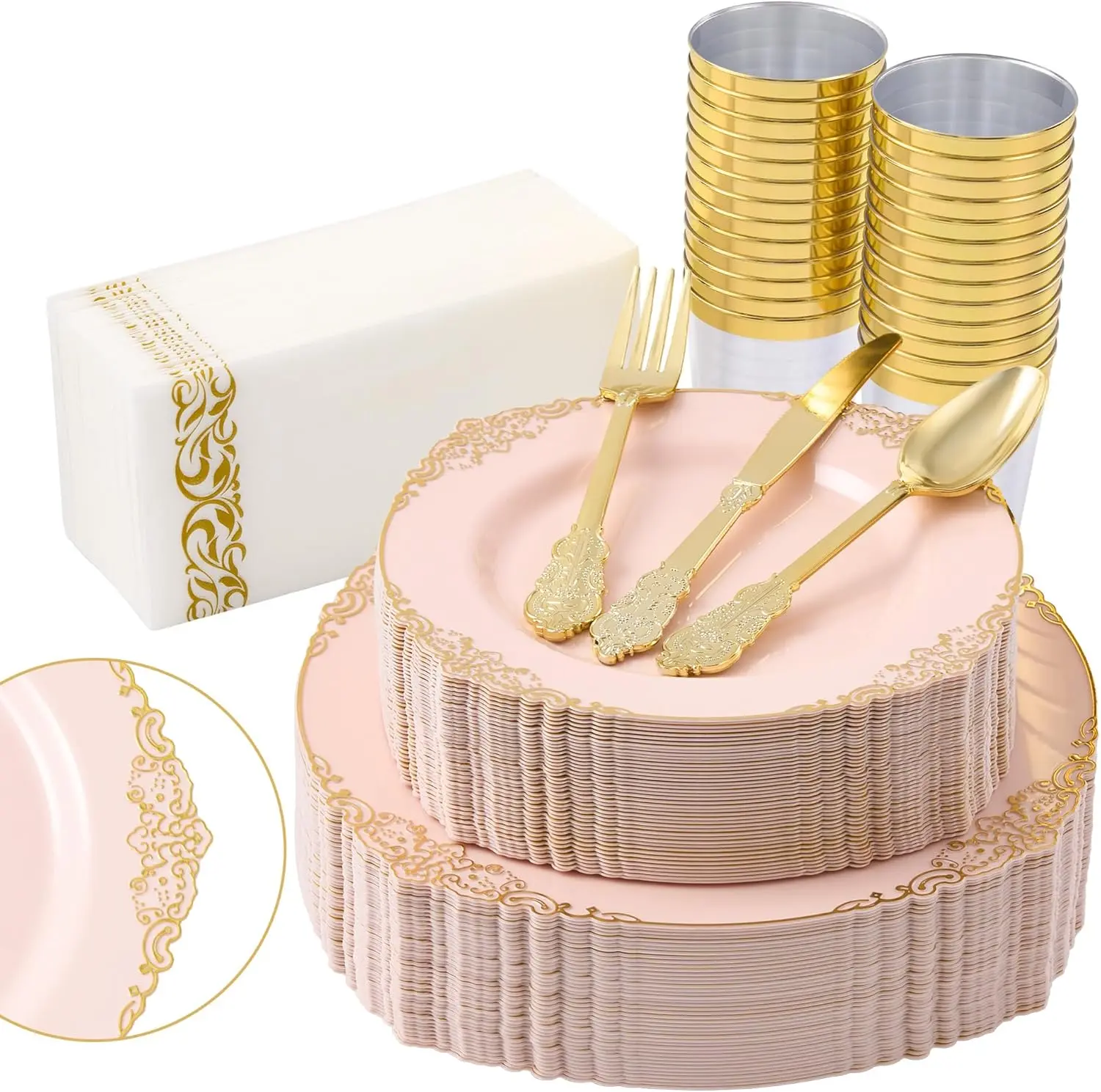 175PCS Pink Plastic Plates，Disposable Pink Gold Fancy Plates with Cutlery for 25 Guests, 50 Plates, 75 Silverware, 25 Cups, 25 Napkin for Wedding & Party