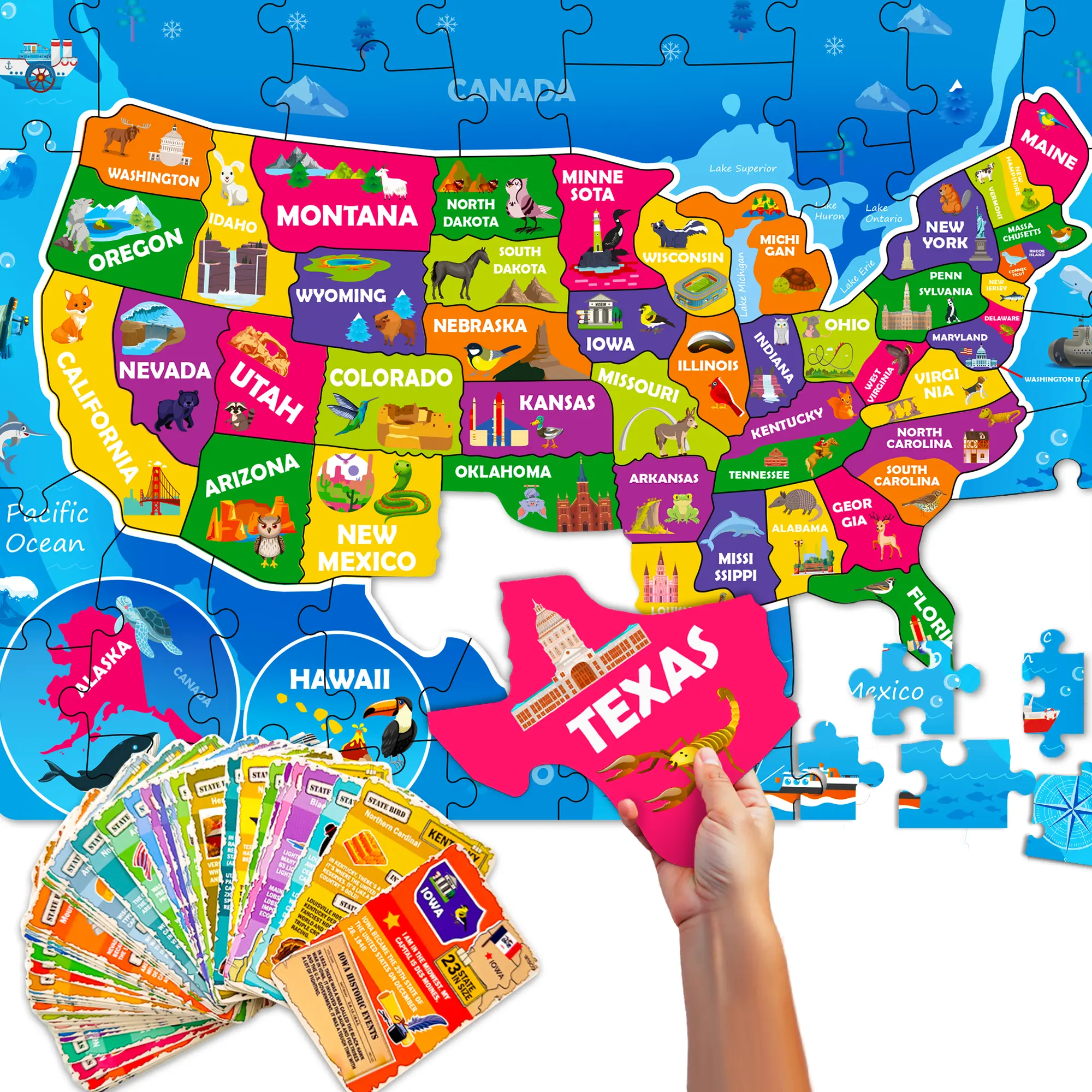 QUOKKA Durable Kids' Activity Set - Puzzles for Toddlers, 70-Piece State-Shape Jigsaw, 50 Vibrant Flashcards, USA-Made Travel Map Geography Learning Toys for Ages 4-6 (Multi-Piece Shape Jigsaw Puzzles Included)
