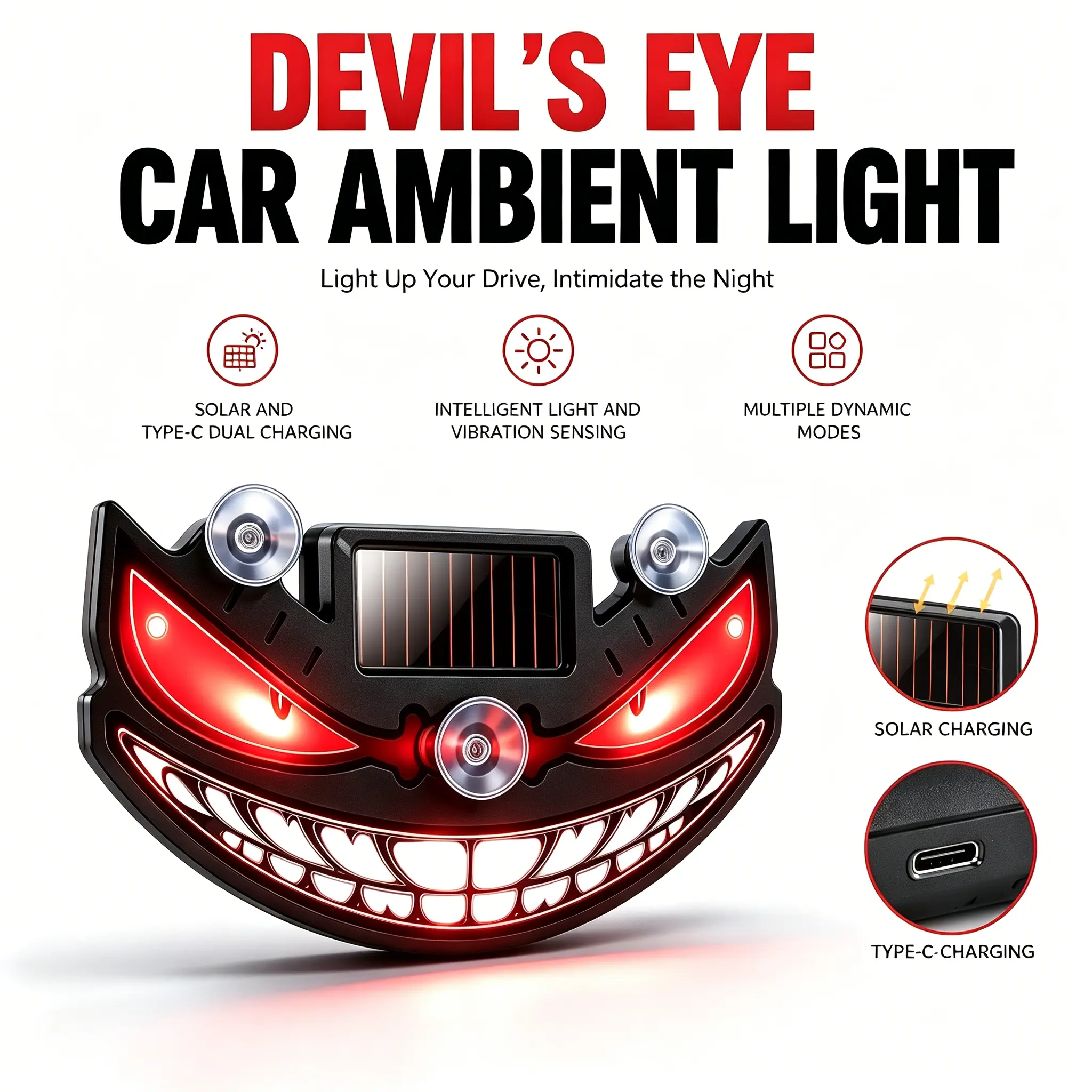 USB Solar Rechargeable Car Atmospheric Demon Eyes LED Light - Wireless Suction Cup Dynamic Lamp with Remote Control, Multi-Color Auto Rear Window Decor Accessory for Cars, SUVs