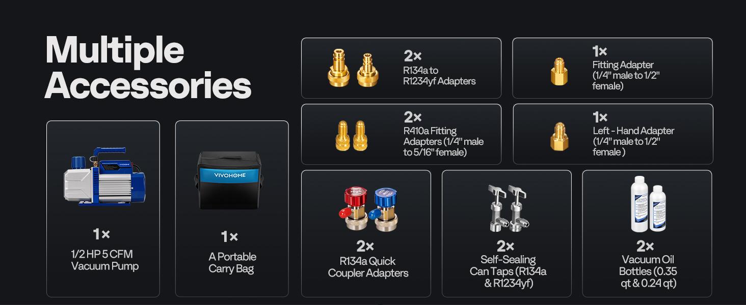 VIVOHOME HVAC Vacuum Pump and AC Manifold Gauge Kit, A2L Refrigerant Compatible, Sparkless Motor for R32 R1234yf R454B R134a R22 R410a Systems, Automotive  Conditioning Air Conditioner Maintenance Portable