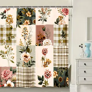 Vintage Botanical Floral Patchwork Shower Curtain - Elegant Flower Bathtub Divider, Bath Curtain with 12 Hooks, Washable & Air Dry Suitable for Elegant Aesthetic