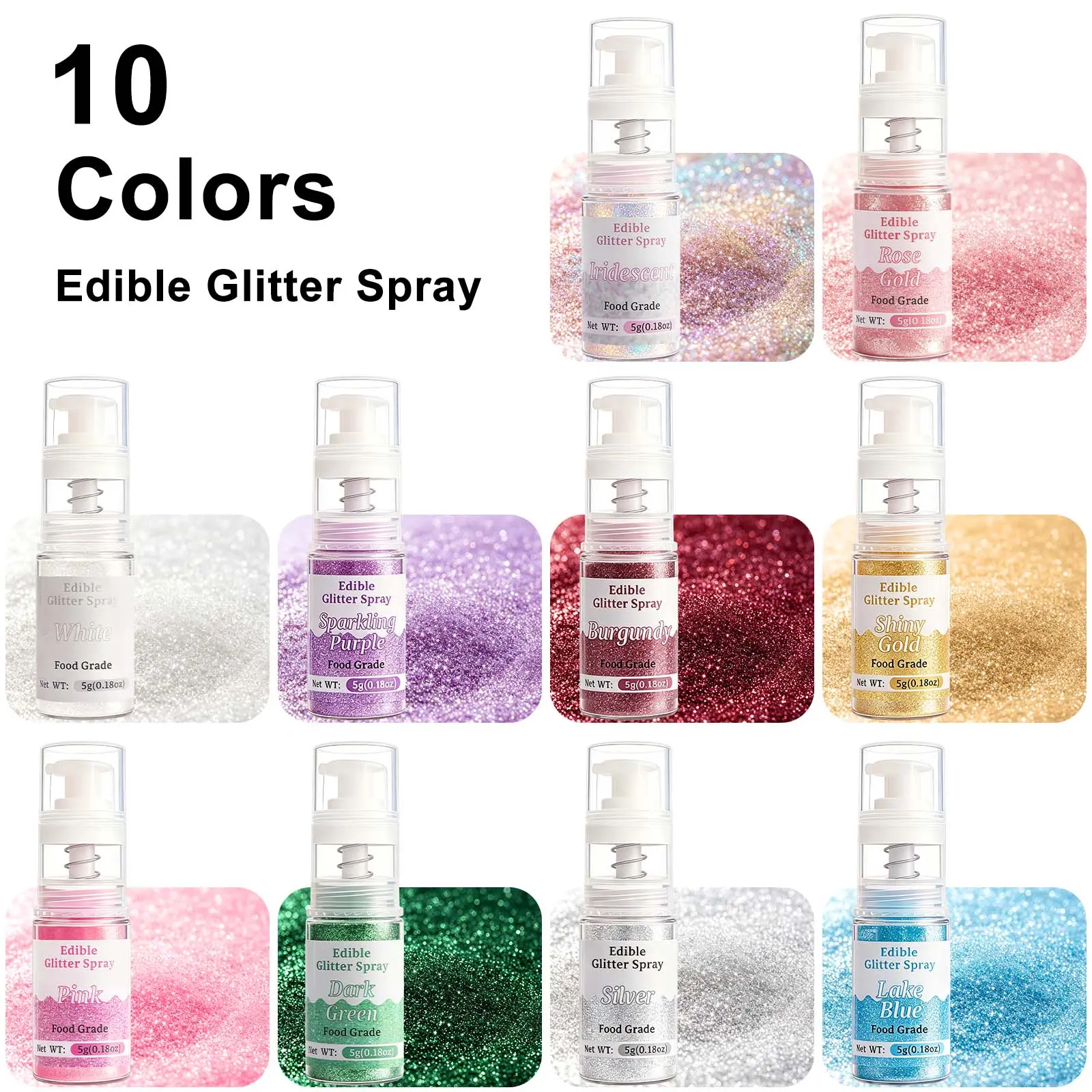 Food-Grade Edible Glitter Set - 10×5g Spray Bottles, Vegan, Gluten-Free, Odorless for Baking (Cakes, Cupcakes, Brownies, Buttercream) & Holiday Gift Decor (Birthday, Christmas)