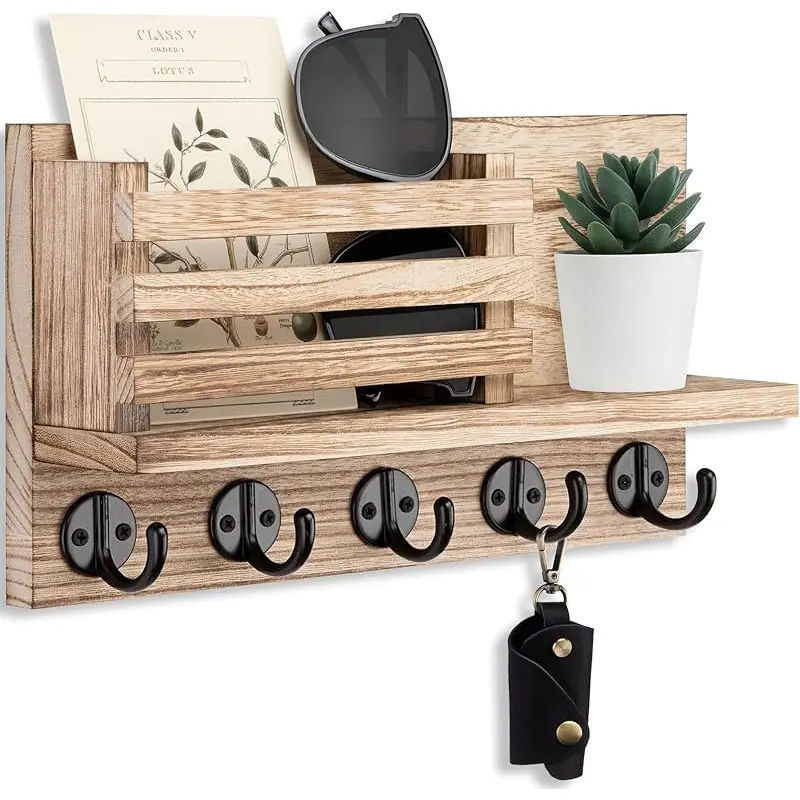 Burnt Wooden Wall-Mounted Key and Mail Organizer - Decorative Entryway Mail Sorter with 5 Key Hooks, Shelves for Letters, Sunglasses, Small Items