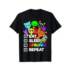 Boys' Cotton T-Shirt |           Eat Casual Sprunki Repeat Graphic Print |           Breathable Crew Neck Short Sleeve Tee |           Multi-Color Cartoon Design |           Casual Streetwear for All Seasons |           Comfortable & Durable |           I