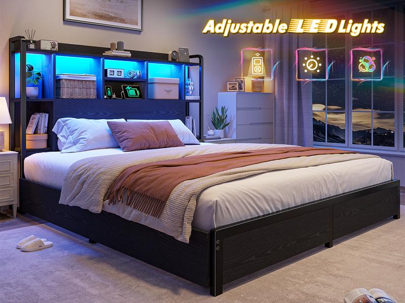 Raybee Modern Queen Bed Frame with 51" Tall Headboard, 9 Storage Compartments & 4 Drawers,  LED Platform Bed Frame with Charging Station,  Holds 1200LBS with Metal Frame  & Slats, No Noise, No Box Spring Needed,  Full, King, Black, Rustic Brown