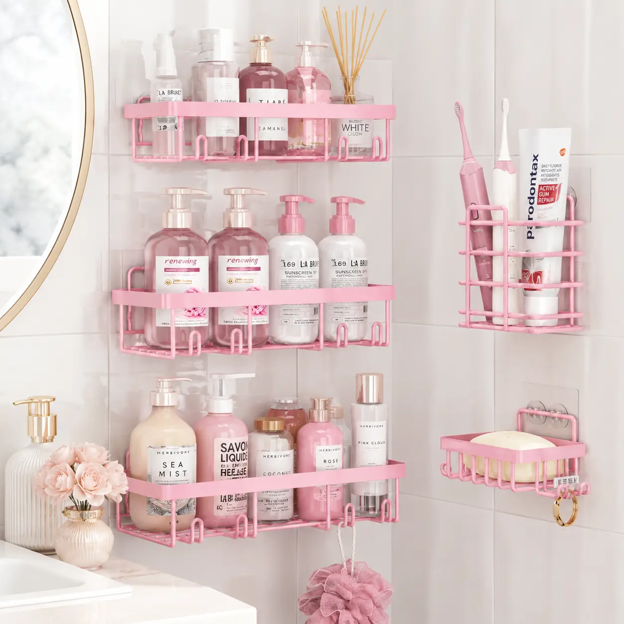[DealsForYouDays] 5-Pack Minimalist Pink Stainless Steel Metal Shower Caddy Set, Rustproof Waterproof Adhesive No-Drill Wall-Mounted Bathroom Organizer with Toothbrush Holder, Soap Dish for Bathroom, Apartment, Bathroom Organizer Supplies, Storage Organiz