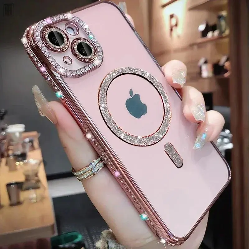 Luxury Bling Crystal Lens Film Phone Case For iPhone 15 11 12 13 14 Pro Max Plus Magsafe Magnetic Wireless Charging Clear Cover,Vintage,Skull,Protective,Festive,Snowman,Dual,Layer