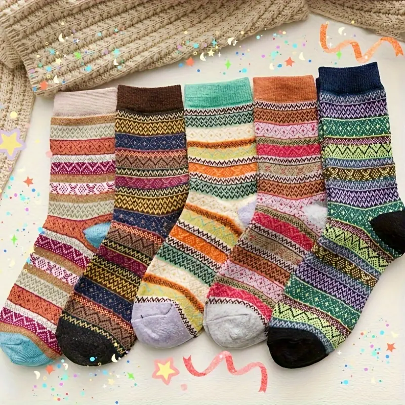 5 Pairs Bohemian Style Women's Thermal Mid-Calf Socks - Thickened Plush Winter Socks for Daily Wear, Commuting and Indoor Comfort | Autumn Winter Fashion / Mid-Calf Socks / Women's Thermal Socks