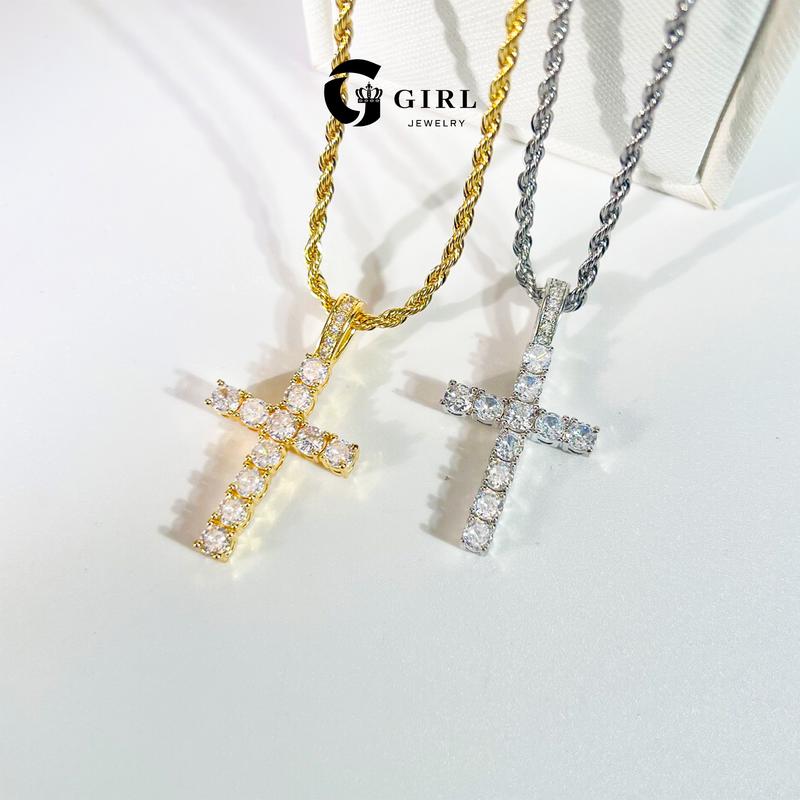 GGIRL Artificial Zirconium 18K Gold Plated Cross Pendant Necklace for Men Women Hip Hop Jewelry Stainless Steel 3/5mm Chain Fashion Jewelry Gift for Holiday Haul Christmas Birthdays Anniversaries