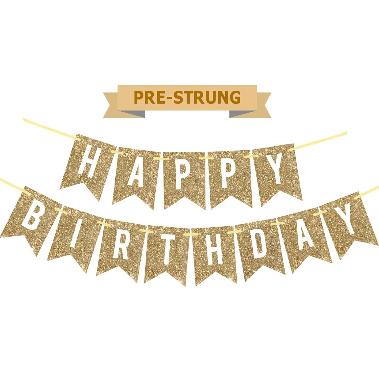 Pre-Strung 12ft Gold Glitter "Happy Birthday" Banner, Ready-to-Hang Party Decor for All Ages