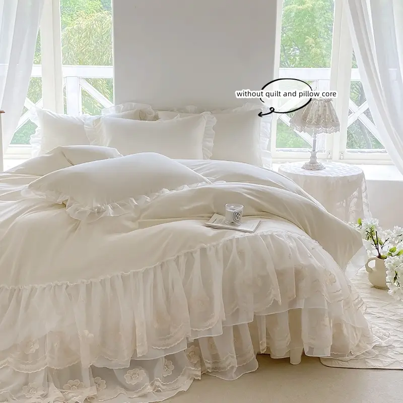 3pcs Korean embroidery lace bedding, Comfy Bedding Sets, Comfy Cozy bedding set, with duvet cover and pillowcase (excluding core), fabric comfortable, soft, breathable, duvet cover has zipper for easy removal & washing, suitable for all seasons