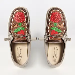 American Darling Hand tooled, carved genuine leather trim lightweight shoe footwear, slip on| Tooled Footwear