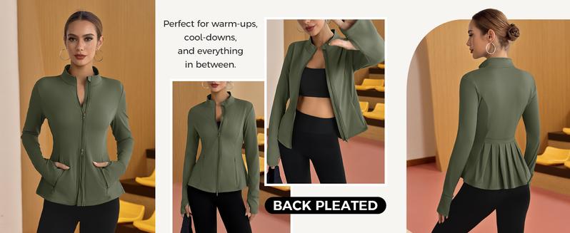 Fisoew Sports Women's Zippered Sports Jacket, Pleated Lightweight Slim Fit  Stand Collar with Thumbhole Pockets,Valentine's Day Gift Recommendations