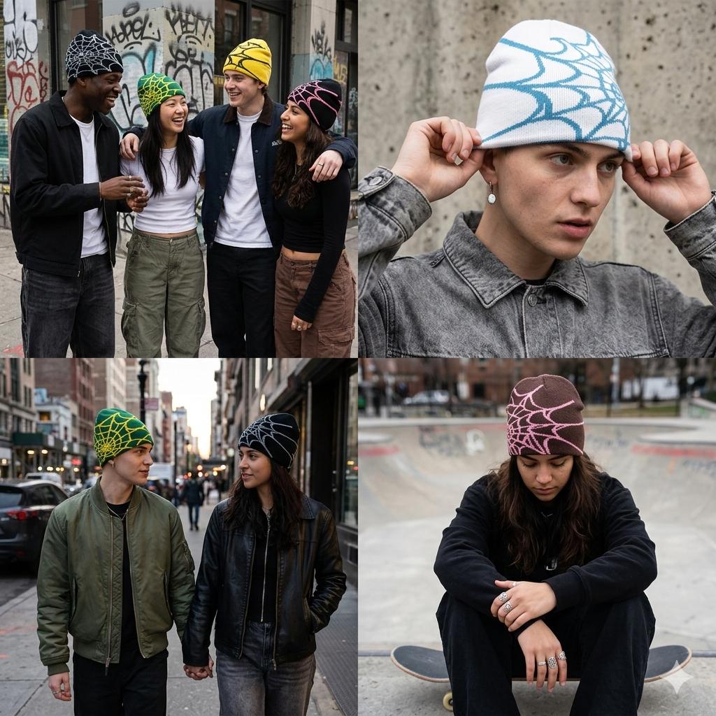HOLDNEAR Unisex TikTok Viral Y2K Spider Web Skull Cap Beanie - Graphic Jacquard Knit Streetwear Grunge Aesthetic Hat, Cyberpunk Accessory for Night Raves HOLDNEAR Unisex TikTok Viral Y2K Spider Web Skull Cap Beanie - Graphic Jacquard Knit Streetwear Grunge Aesthetic Hat, Cyberpunk Accessory for Night Raves