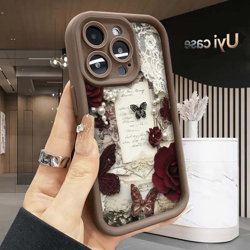 Romantic Rose Letters pattern phone case, compatible with iPhone 17 Pro Max, 16 Pro Max, 15 Pro, 14, 13, 12, and 11.  Shockproof and drop-resistant phone case made of durable silicone material.