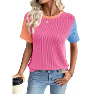 EVALESS Women's Short Sleeve T Shirts Crewneck Ribbed Knit Multicolour Block Tee Blouses Tops 2026 Womenswear Trendy Springtok Summer Outfits