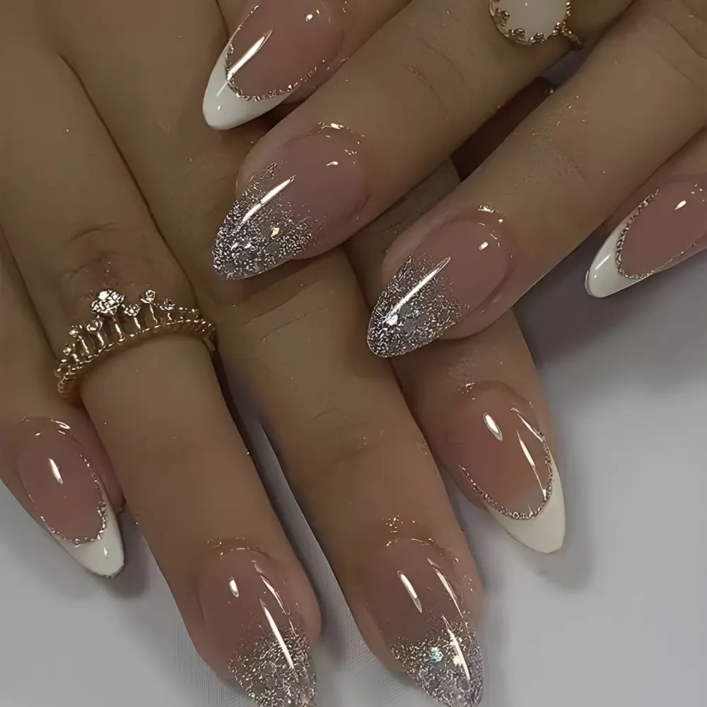 Chic Press On Nail Sets, Minimalist Shimmery Nails with a White-Tip French Design and Teardrop Tips for an Everyday Look, Dressy, Elegant