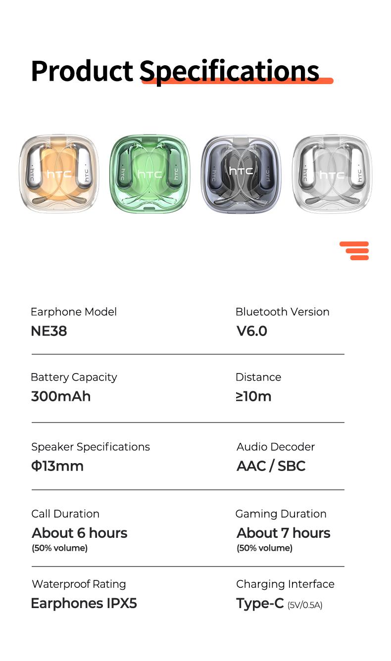 HTC NE38 OWS Wireless Translation Earbuds, Supports Real-Time Translation in 134 Languages With APP, Bluetooth 6.0 Earphones,  IPX5 Waterproof, HIFI Sound Quality, Suitable for Office, Sports, Study and Audio Calls | Built-in Microphone | AI Headphones