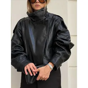 Autumn women's artificial leather jacket, casual solid color long sleeved zipper leather jacket, new fashionable women's street wear, basic minimalism, black hooded sweatshirt
