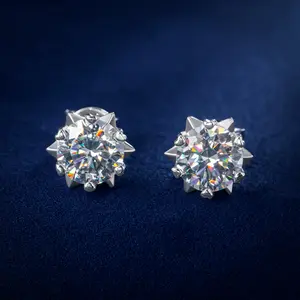 Moissanite Stud Round Cut Snowflake Earrings 0.3ct/1ct/2ct Synthetic Moissanite  Color Jewelry Gift for Women and Men