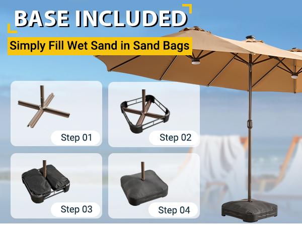 HOOOWOOO 15FT Solar LED Patio Umbrella with Base & Crank - Outdoor Market Umbrella for Garden, Deck, Backyard, Pool, Beach - Durable Water-Resistant Fabric, Adjustable Lighted Umbrella