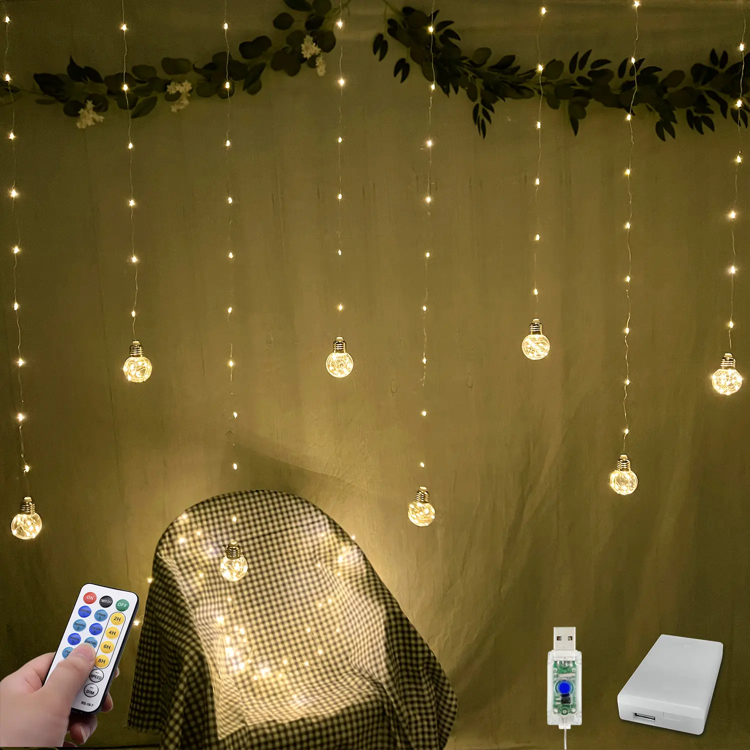 Wishing Ball Curtain Lights 200 LED Window Curtain String Lights with Remote, USB Battery Powered Twinkle Globe Fairy Lights for Wedding Party Bedroom Christmas Decoration