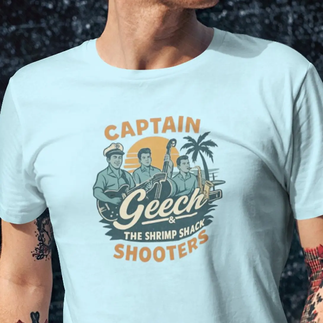 Captain Geech & The Shrimp Shack Shooters Band Tee Vintage Graphic Print Crew Neck Short Sleeve Casual Retro Summer Shirt