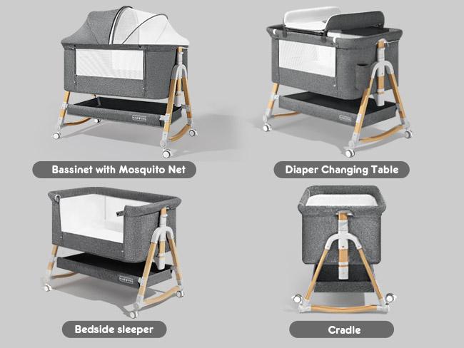 HARPPA 3-in-1 Foldable Baby Bassinet Bedside Sleeper, Rocking Bassinet with Mattress & Cover, Height Adjustable Bassinet for Baby with Wheels, Crib For Infant