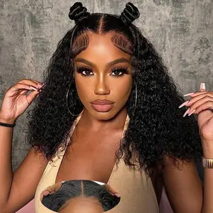 Curly Bob Wig Human Hair 5x5 Wear And Go Glueless Wigs Human Hair Pre Plucked Pre Cut Curly Wave Lace Front Closure Wigs For Black Women 180 Density Curly Wig Glueless Wear And Go Black 12 Inch