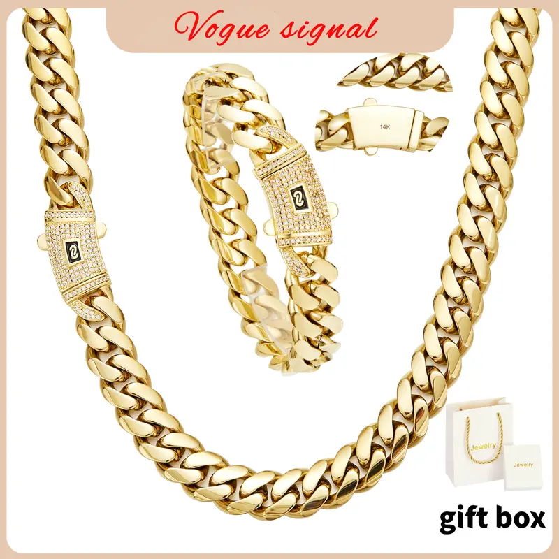 technology anti-rust new Brilla Contio Jewelers 14K Gold-Plated Cuban  new anti-rust technology Bracelet & Necklace Set Waterproof Fade-Proof Hypoallergenic 6-14mm Sizes Timeless Shine for Every Look Valentine's Day gift