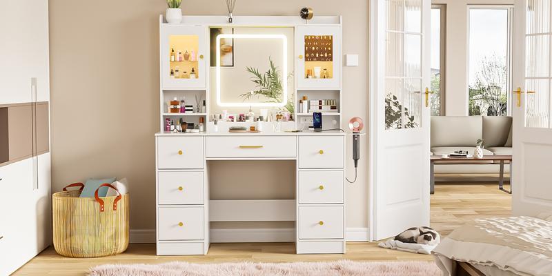 LAKEMID 7 Drawers White Vanity Table with Power Outlet, Lighting Mirror, Hair Dryer Rack, and RGB Cabinets, LED Lighted Vanity Desk Set light up Large sound sync Dimmable makeup