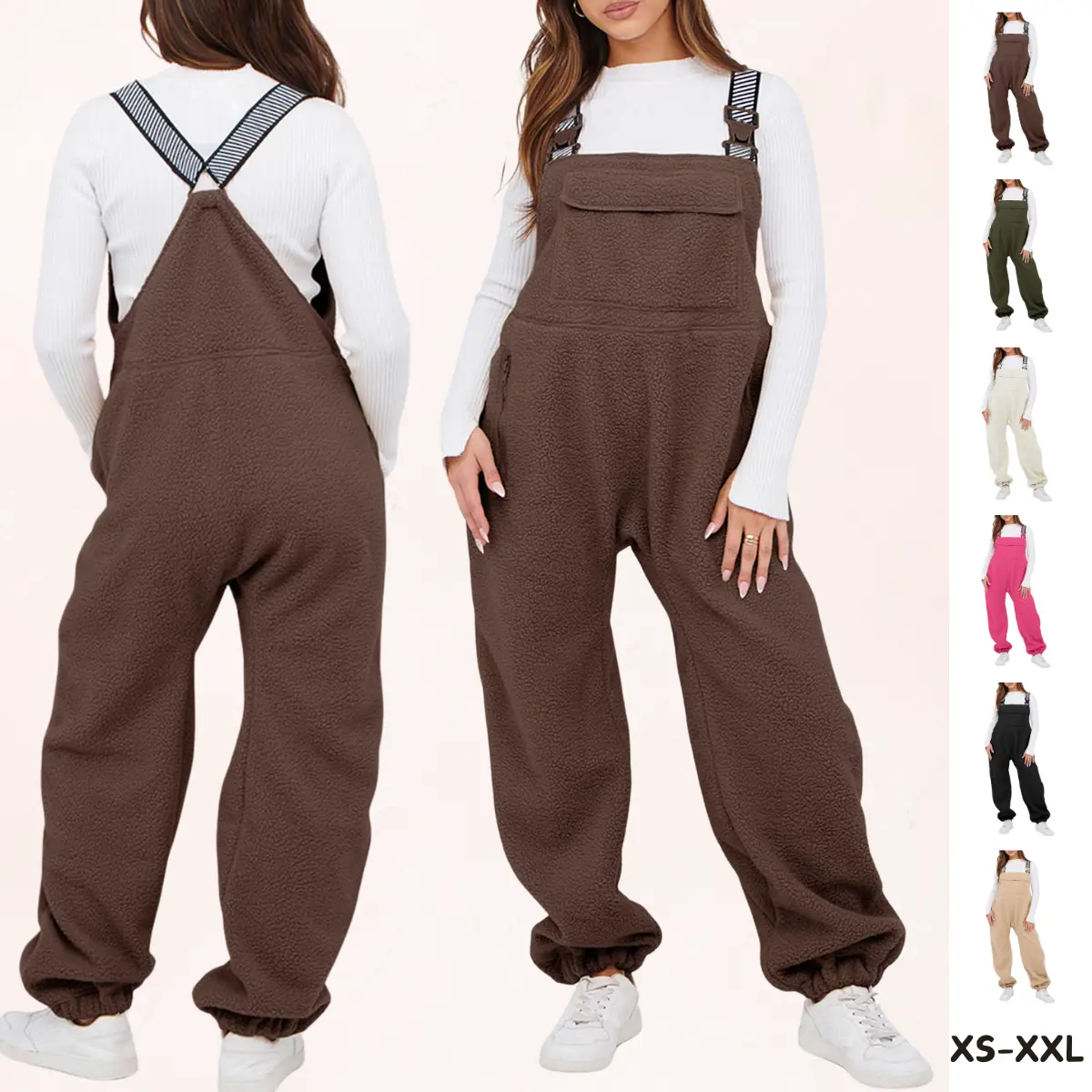YeeZaa Fleece Sherpa Overall Fuzzy Loose Fit Bib Pants with Adjustable Straps Zippered Pockets - 2026 Fall/Winter Warm Women's Casual Thermal Baggy Buckle Jumpsuit