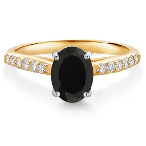Gem Stone King 10K Yellow and White Gold Black Onyx and White Lab Grown Diamond Engagement Ring For Women (1.78 Cttw, Oval 8X6MM, Gemstone December Birthstone)