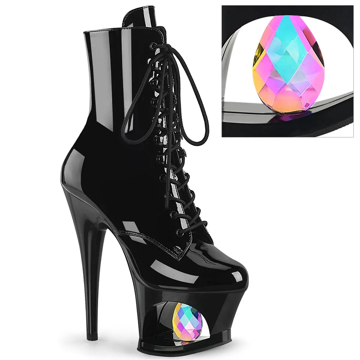 Pleaser Women's Moon-1020DIA Lace-Up Ankle Boots, 7" Heel Statement Shoes with an Iridescent Crystal Cut-Out Platform Sole, Boot Heels, Lace-Up Boot