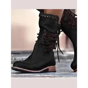 Women's Bohemian Style Boots American Western Cowboy Knight Boots Back Strap Size 43 Large Chunky Heel High Top Motorcycle Boots Casual Warm Boots
