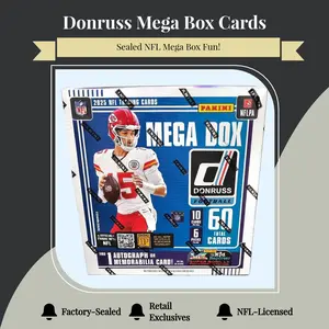 Panini 2025 Donruss Football Mega Box Trading Cards - Officially Sealed NFL Release with 60 Cards Total Including Retail Exclusive Inserts and Parallels Single Pack Options-10 Cards Per Pack