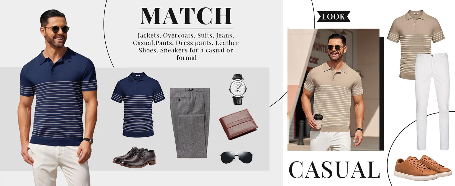 COOFANDY Men's Knit Polo Shirts Short Sleeve Striped Polo Shirt Fashion Casual Golf Shirts Breathable Menswear