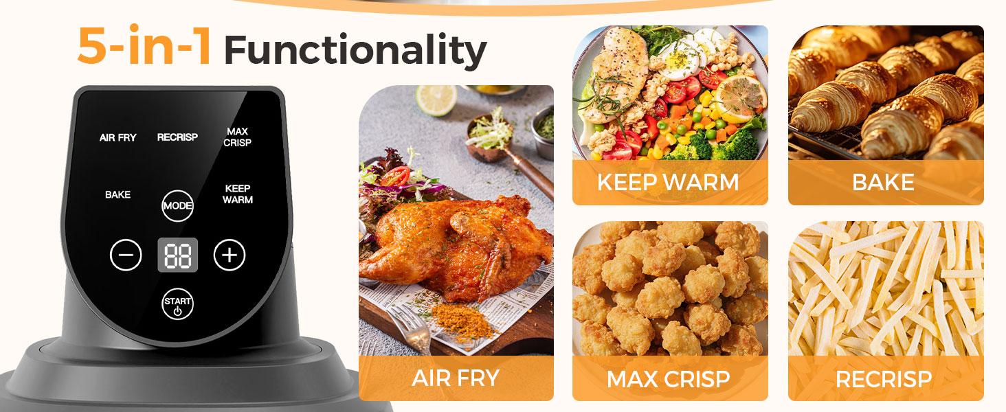 1500W 5-in-1 Glass Air Fryer Non-Toxic - 4Qt Pot+6Cup Container with Lid & Dust Cover, Portable Smart Kitchen Appliance Silicone Pad Included