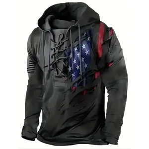 1pc Men'S Plus Size Casual Hoodie with American Flag Print, Vintage-Inspired Geometric Pattern, Polyester Knit Fabric with Slight Stretch, Regular Fit Hooded Sweatshirt country concert outfit clearance deals today Menswear Tops Pullover Long Sleeve