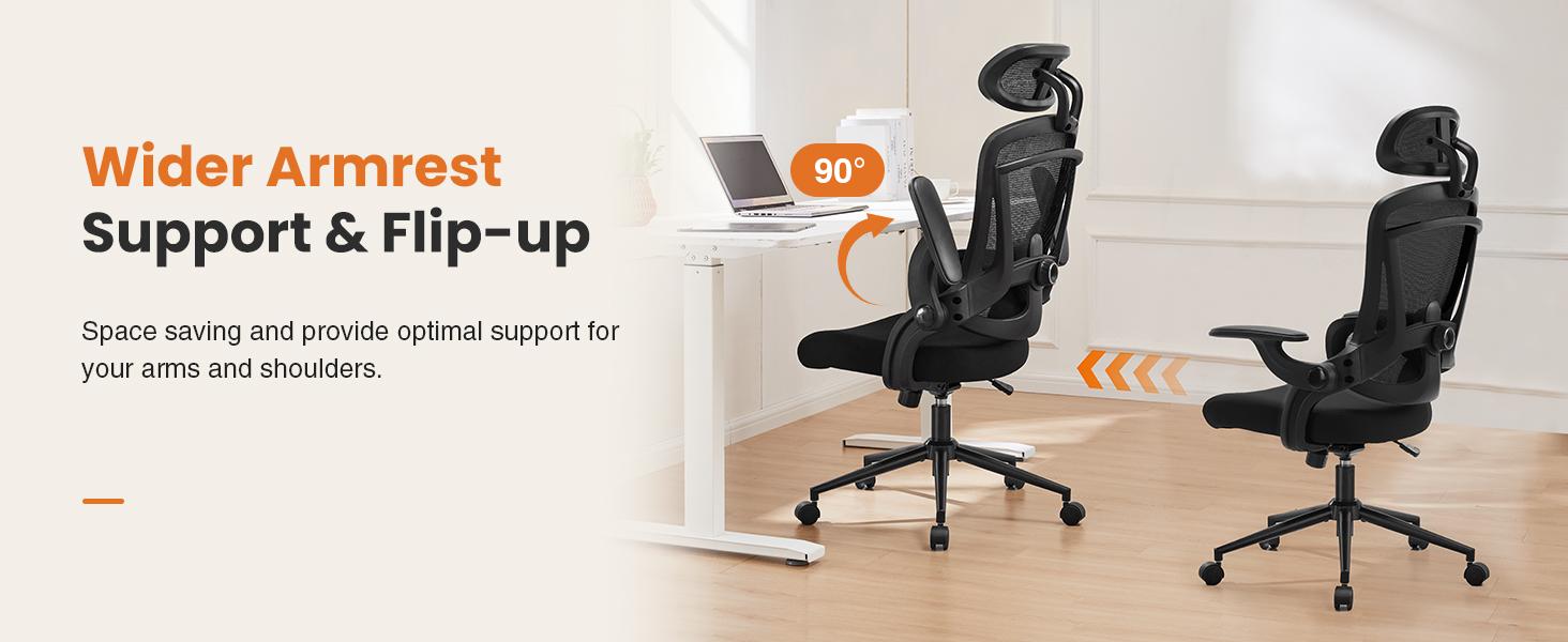 Sweet Furniture High Back Office Desk Headrest, Mesh Computer Chair with Soft Flip Up Arms, Adjustable Height and 120°Tilt