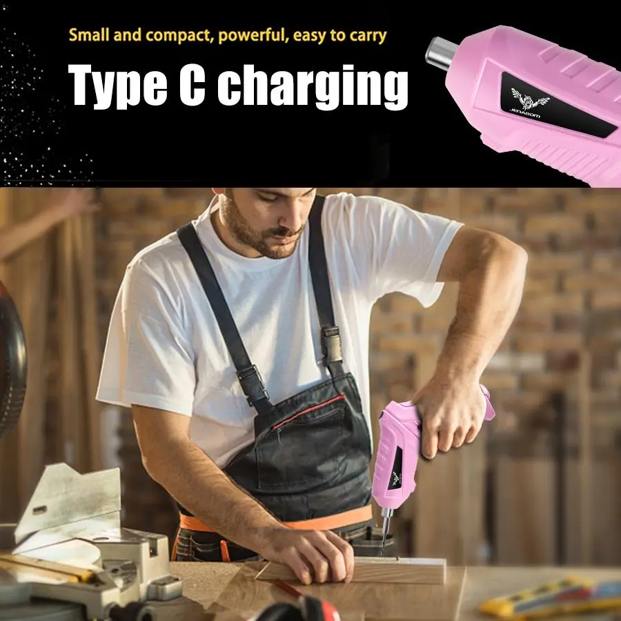 JENABOM 1pcs/8pcs/47pcs electric screwdriver, pink 3.6V cordless drill screwdriver with rechargeable drill set, front LED light, suitable for small home projects, office DIY tools, Power Tool