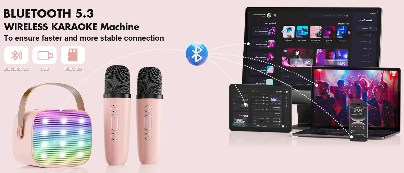 Mini Karaoke Machine with 2 Microphones, Portable Bluetooth Karaoke Machine with Light, Birthday Gifts for Girls Boys Son Daughter Home Party Mini Karaoke Machine with 2 Microphones, Portable Bluetooth Karaoke Machine with Light, Birthday Gifts for Girls Boys Son Daughter Home Party