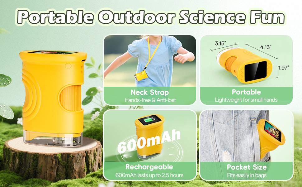 RIVGOT 4K Kids Digital Microscope, 2.0" Screen, 1000X Zoom, Rechargeable Portable Mini HD Microscope for Outdoor Exploration, Science & STEM Education, Ages 3+